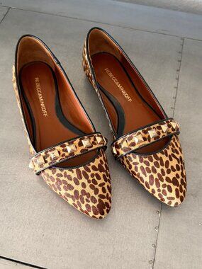 Rebecca Minkoff Ira Cheetah Leopard Calf Hair Studded Pointed Toe Flats Size 5.5